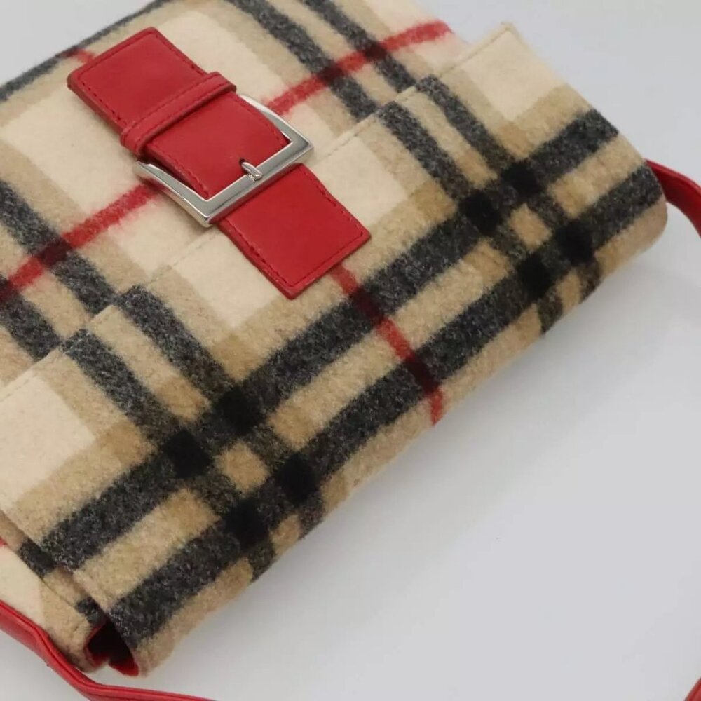 Burberrys Nova Check Blue Label Shoulder Bag Wool Beige Red Silver Auth - Picture 7 of 16